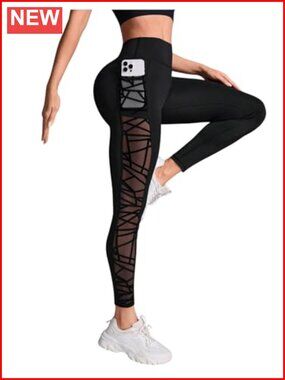 High Waisted Mesh Yoga Pants Sheer Tummy Control Workout Leggings
